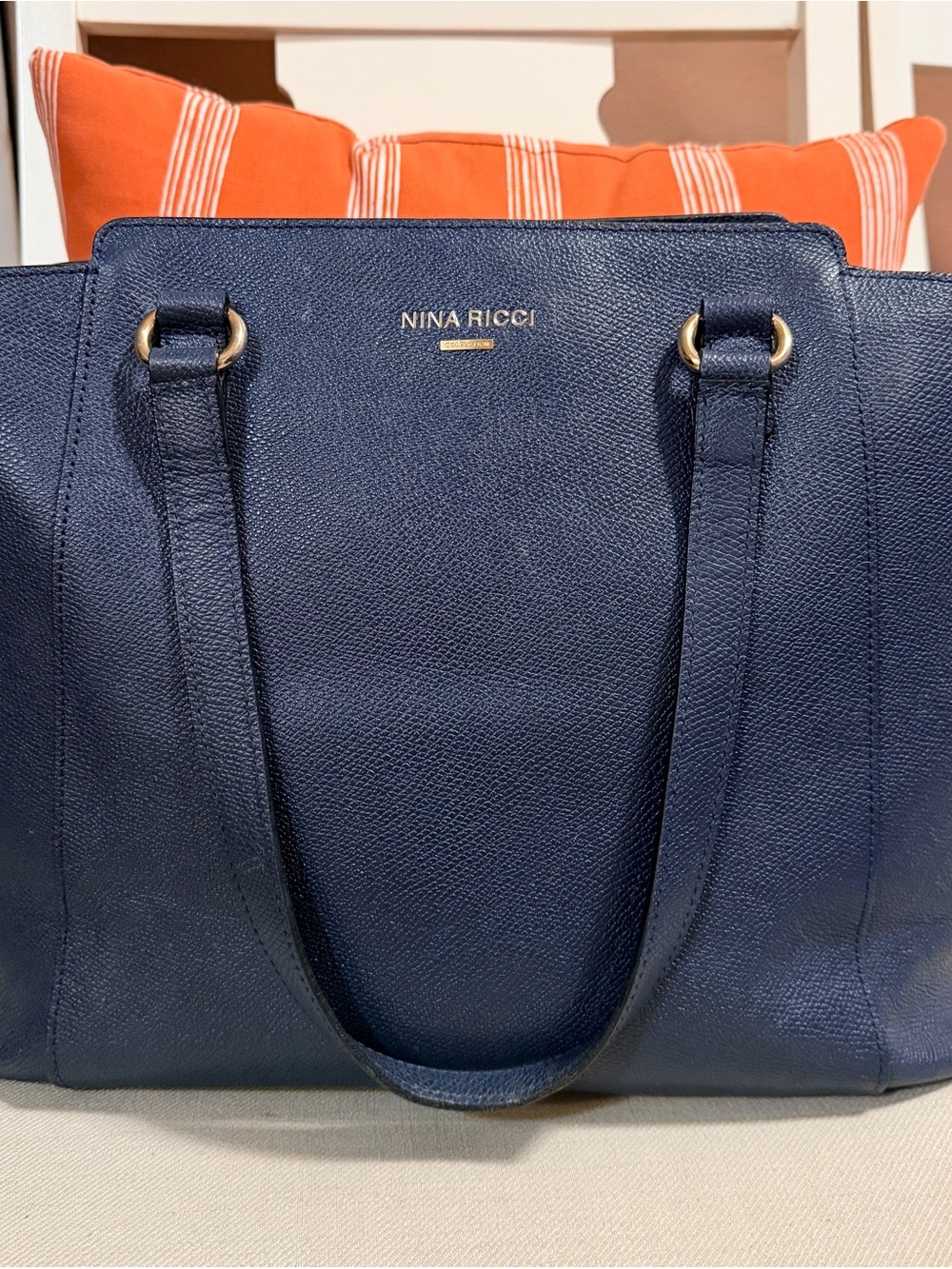 Nina Ricci Dark Blue Pebbled Leather Tote with Gold Hardware